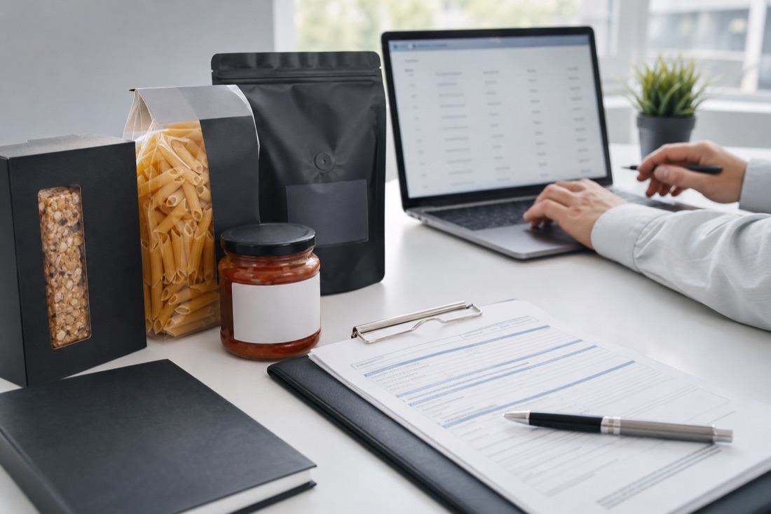 Packaged food products beside registration paperwork